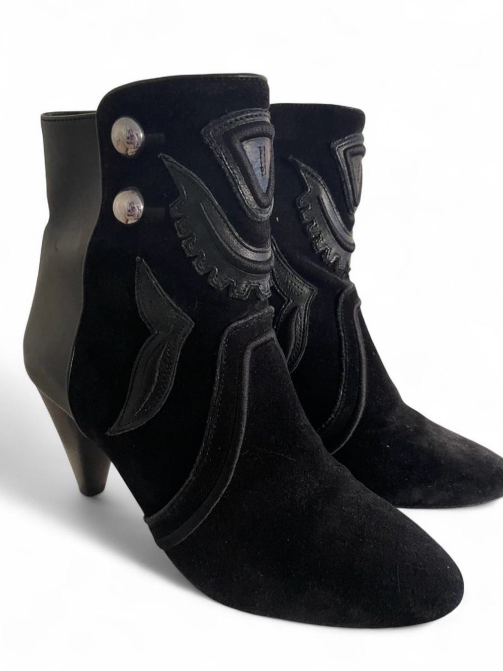 Isabel Marant Black Suede Embroidered Ankle Boots with Button Detail